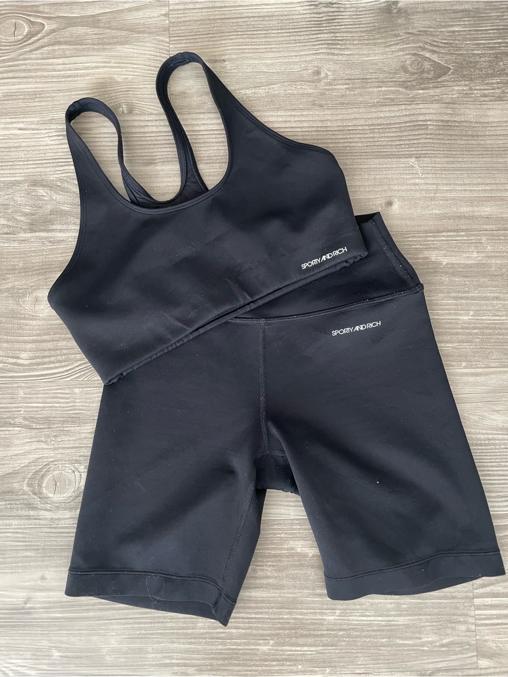 SPORTY & RICH • Matching Black Sportycore Bold Logo Sports Bra Bike Shorts Set